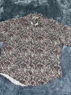 Munsingwear Mens Beige Red Leaf Print Short Sleeve Button-Up Shirt Size L